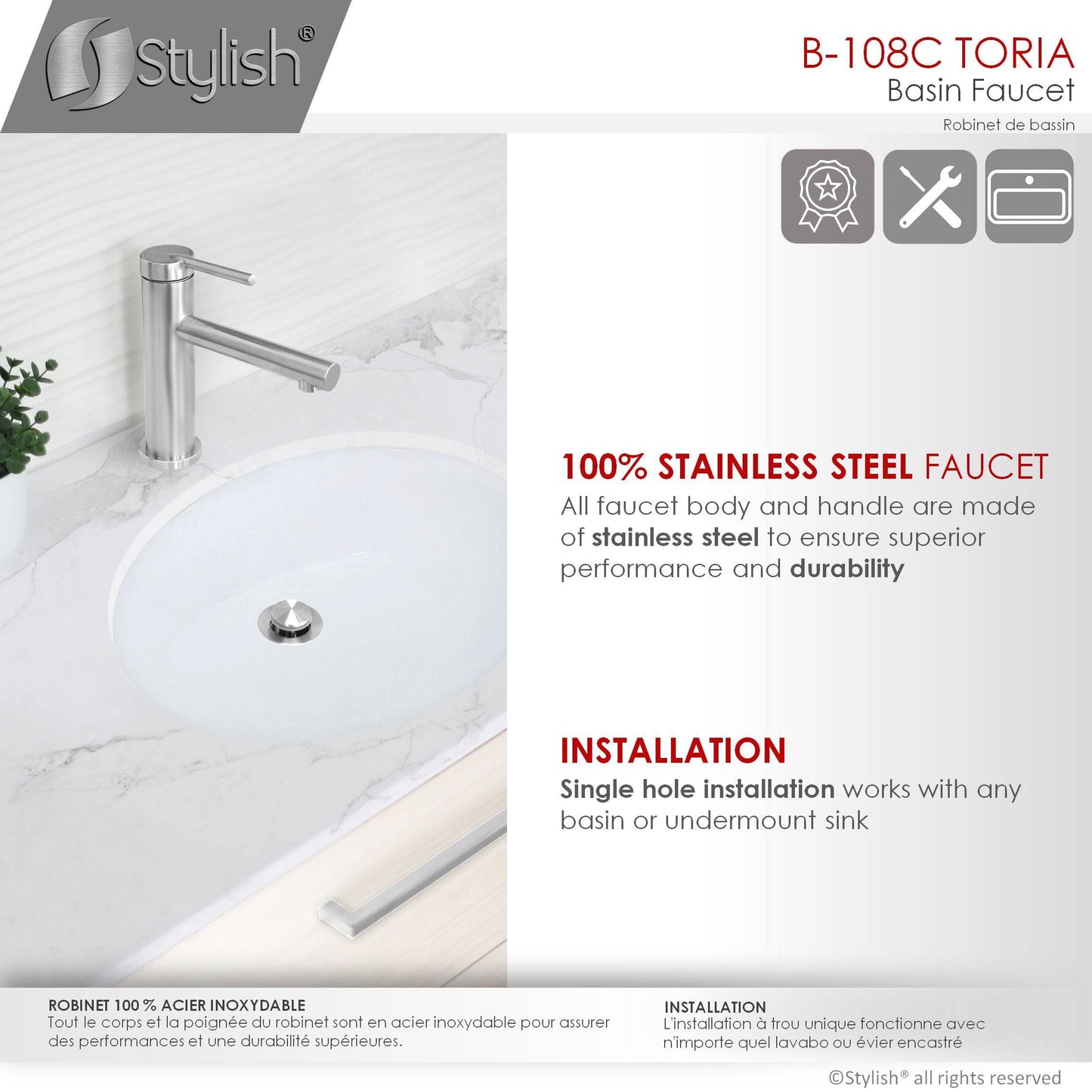 Stylish Toria 6" Single Handle Basin Bathroom Faucet in Stainless Steel Finish B-108S - Renoz