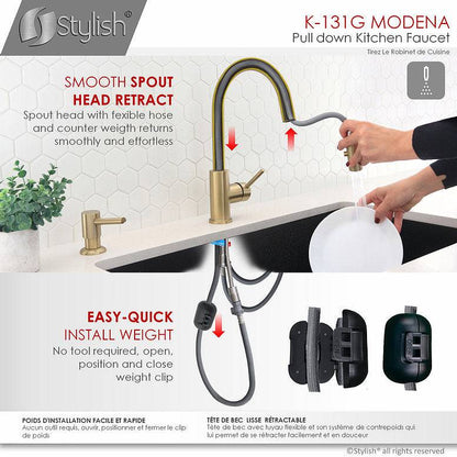 Stylish Modena 14" Kitchen Faucet Single Handle Pull Down Dual Mode Stainless Steel Gold Finish K-131G - Renoz