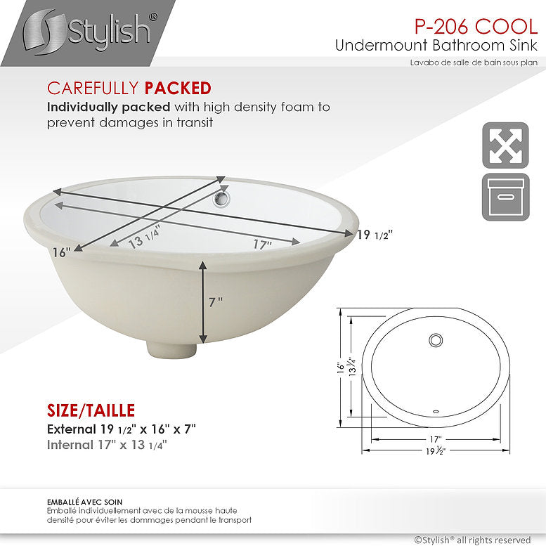 Stylish Cool 19.5" x 16" Oval Undermount Bathroom Sink with Overflow P-206 - Renoz