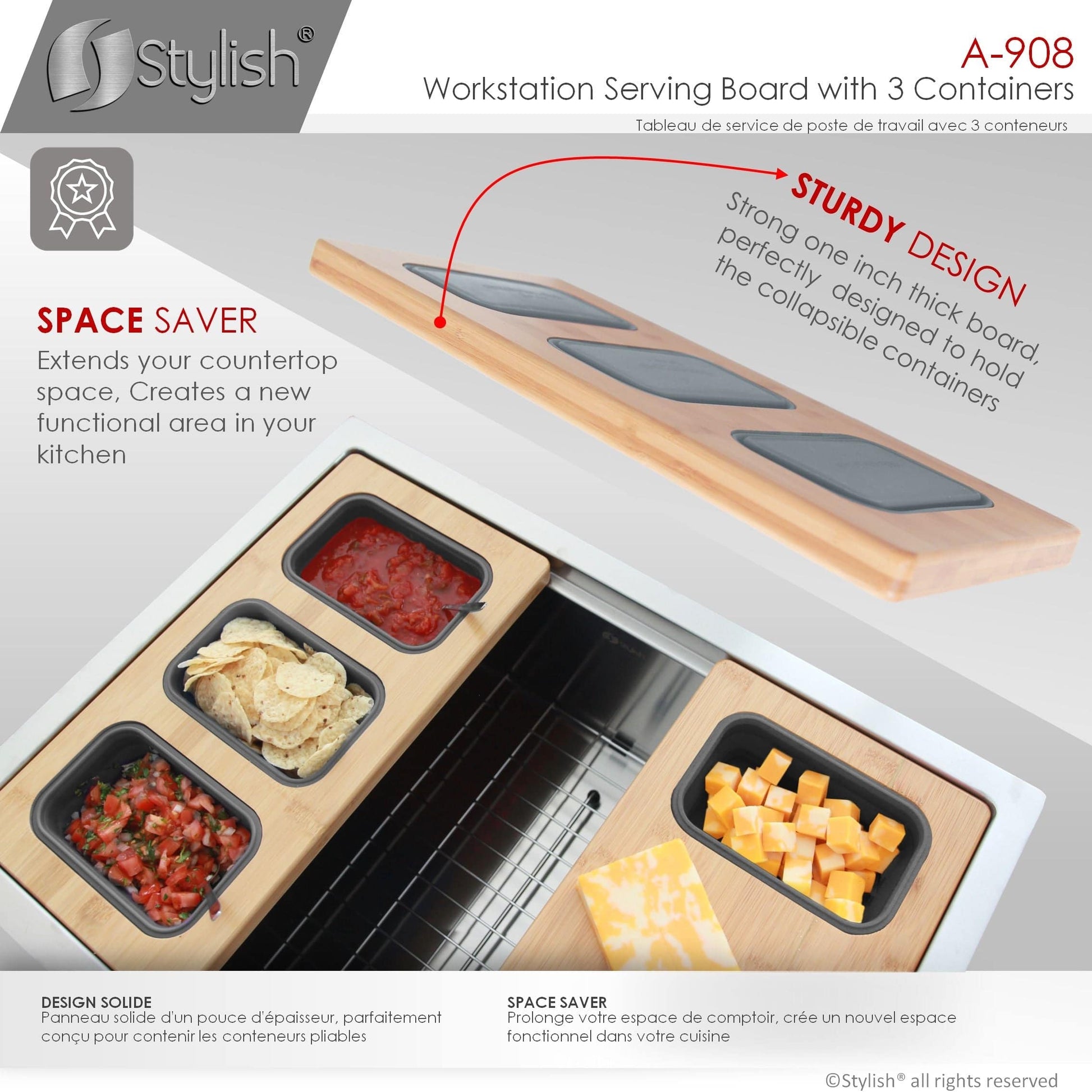 Stylish Workstation Serving Board With 3 Containers A-908 - Renoz