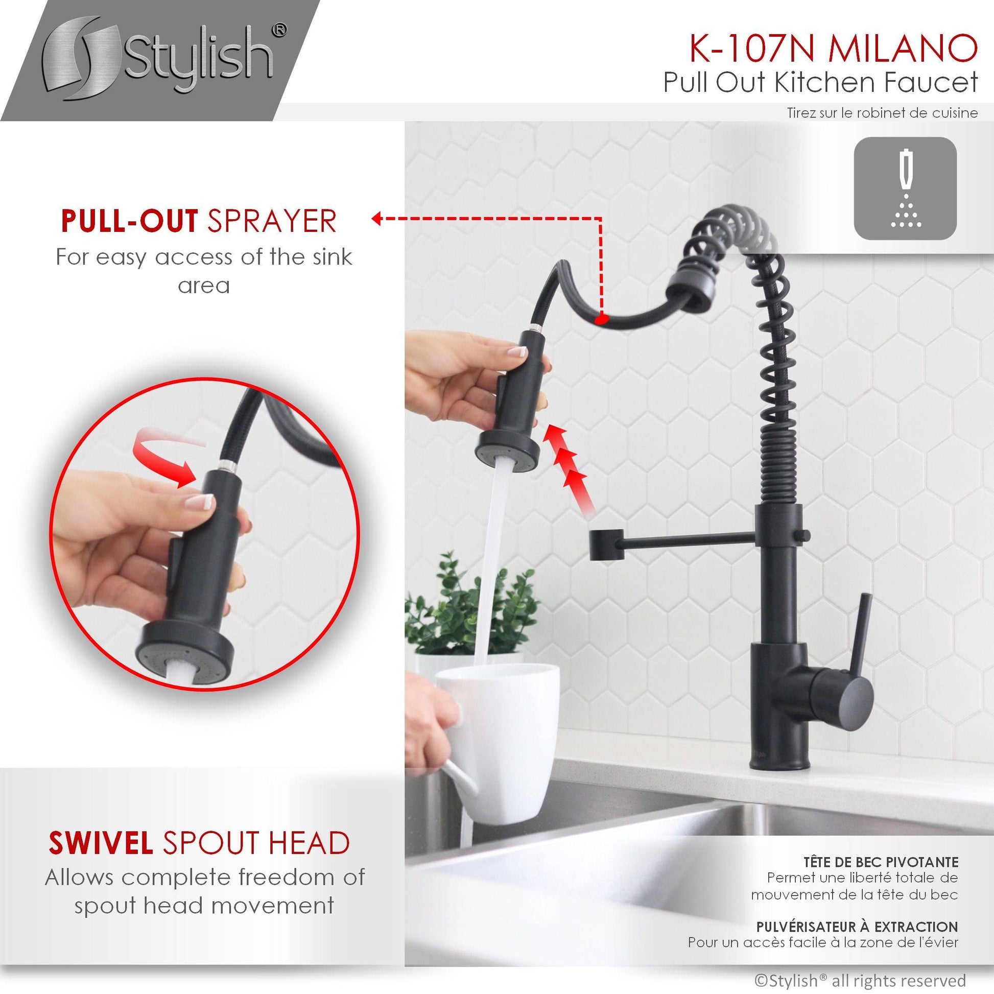 Stylish Milano 17.5" Kitchen Faucet Single Handle Pull Down Dual Mode Lead Free Matte Black Finish K-107N - Renoz