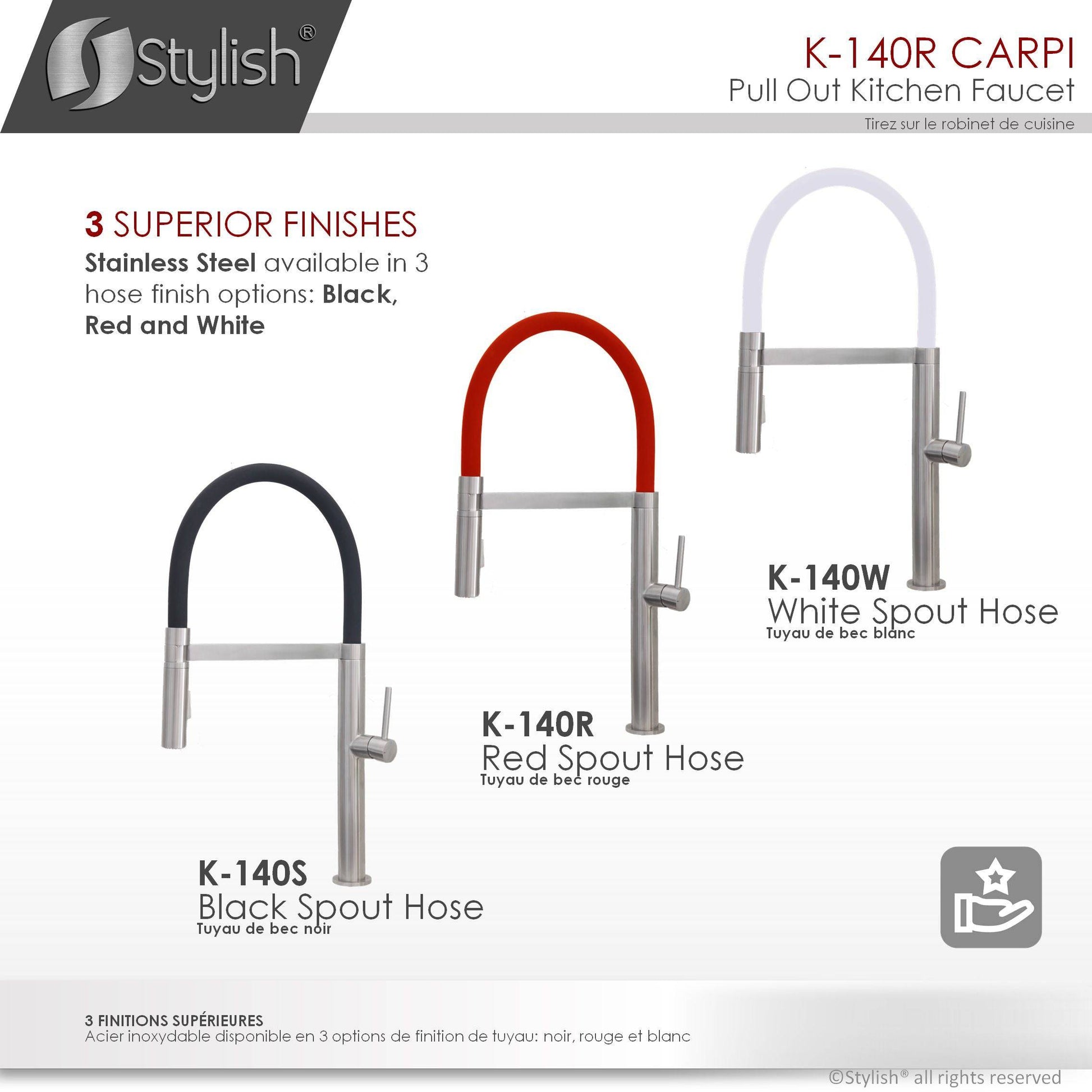 Stylish Carpi 20" Stainless Steel Single Handle Pull Out Dual Mode Kitchen Faucet with Red Spout Hose K-140R - Renoz