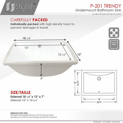 Lavabo de salle de bain rectangulaire élégant et tendance de 18 po avec trop-plein, chrome poli P-201X (disponible uniquement à l'achat de 50+)