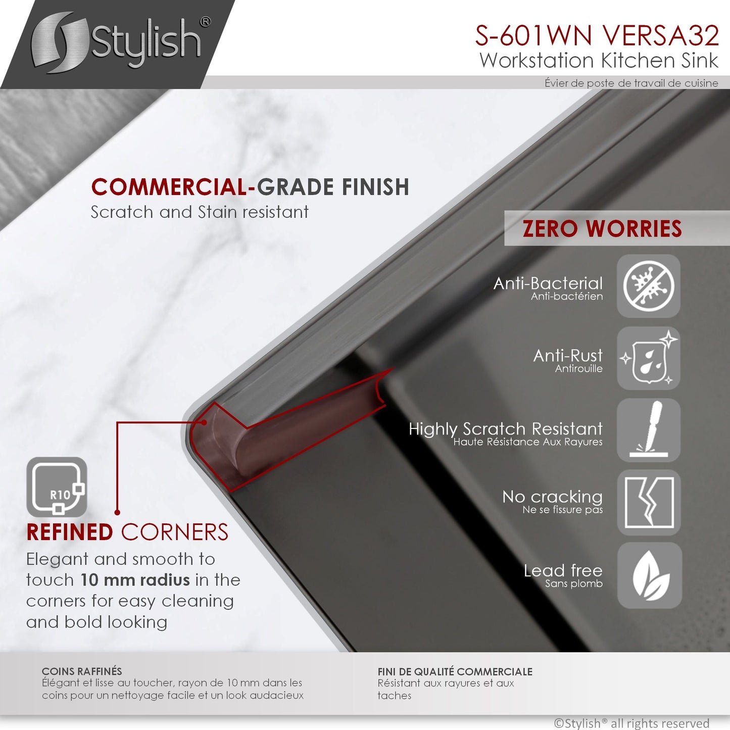 Stylish VERSA 32 32" x 19" Graphite Black Workstation Double Bowl Undermount 16 Gauge Stainless Steel Kitchen Sink with Built in Accessories, S-601WN