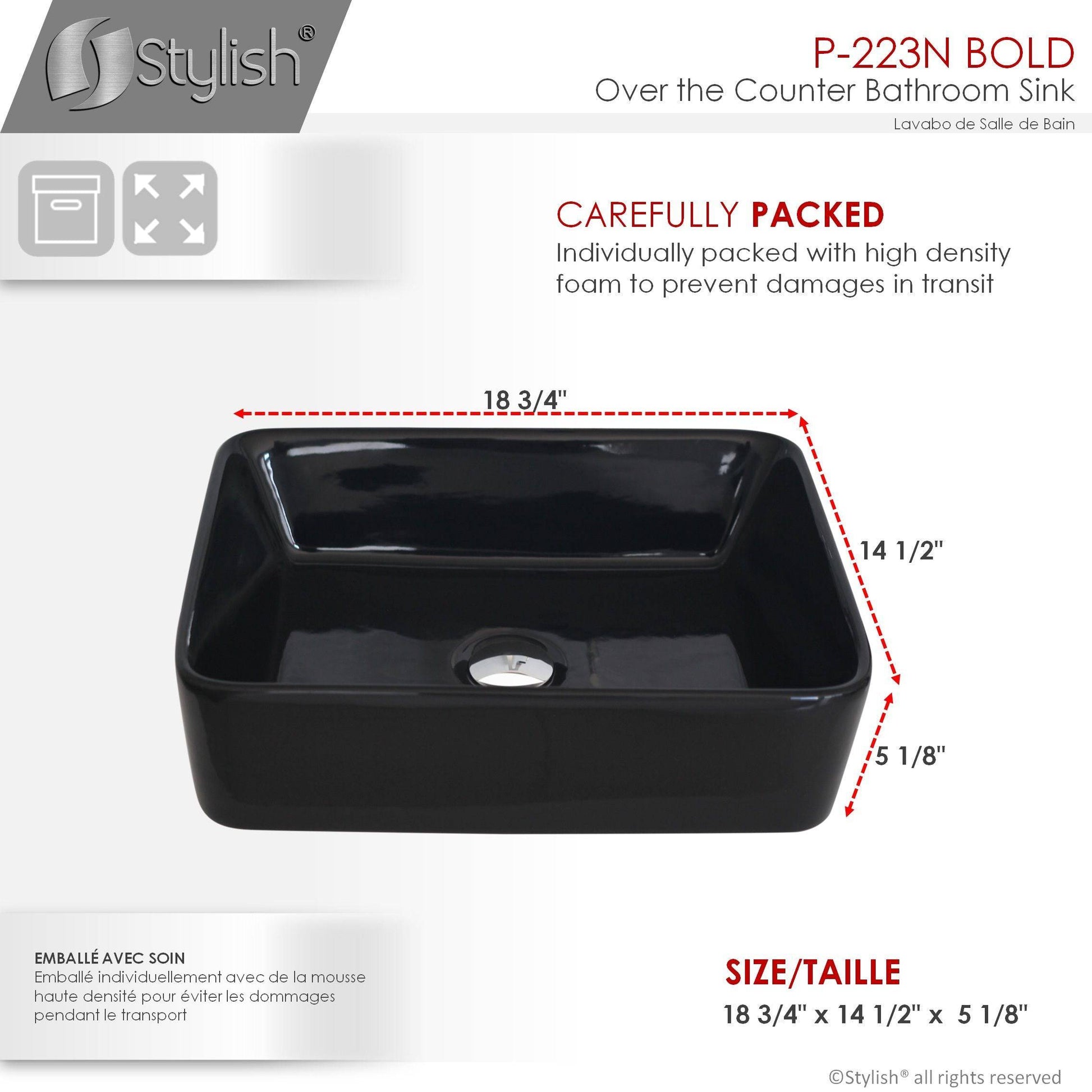 Stylish Bold 18.75" x 14.5" Rectangular Vessel Bathroom Sink Black P-223N - Renoz