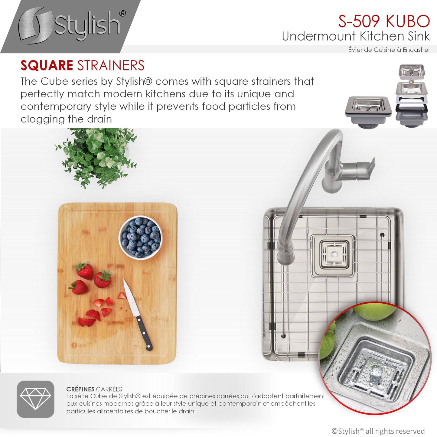 Stylish Kubo 16" x 18" Single Bowl Stainless Steel Kitchen Sink with Square Strainer S-509XG - Renoz