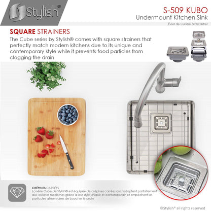 Stylish Kubo 16" x 18" Single Bowl Stainless Steel Kitchen Sink with Square Strainer S-509XG - Renoz