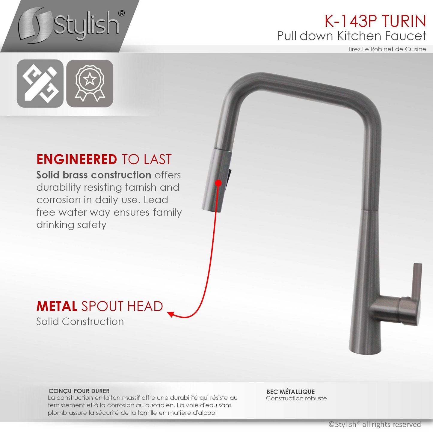 Stylish Turin 17" Kitchen Faucet Single Handle Pull Down Dual Mode Lead Free Gun Metal K-143P - Renoz