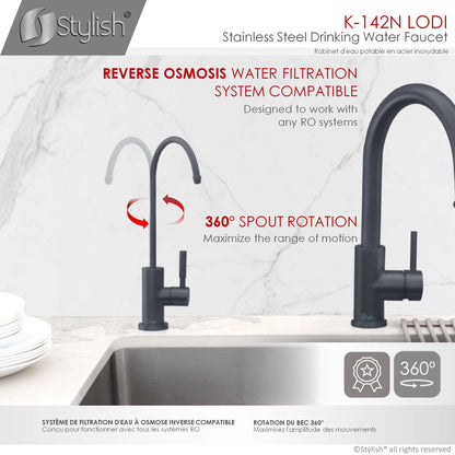 Stylish Lodi 11.25" Kitchen Drinking Water Tap Faucet, Stainless Steel Matte Black Finish K-142N - Renoz