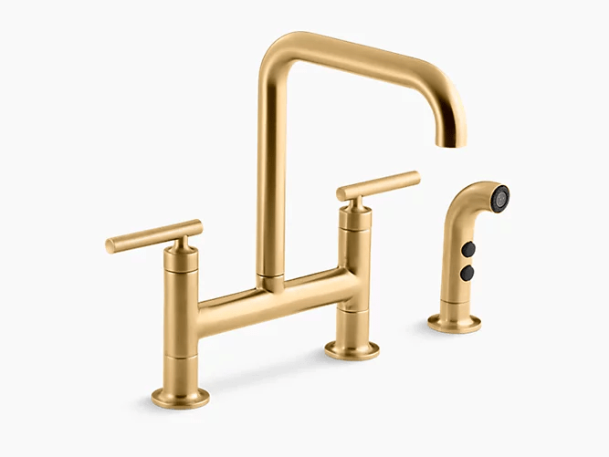 Kohler Purist Modern Two Hole Deck Mount Bridge Kitchen Faucet With Spout And Matching Finish Sidespray 7548-4 - Renoz