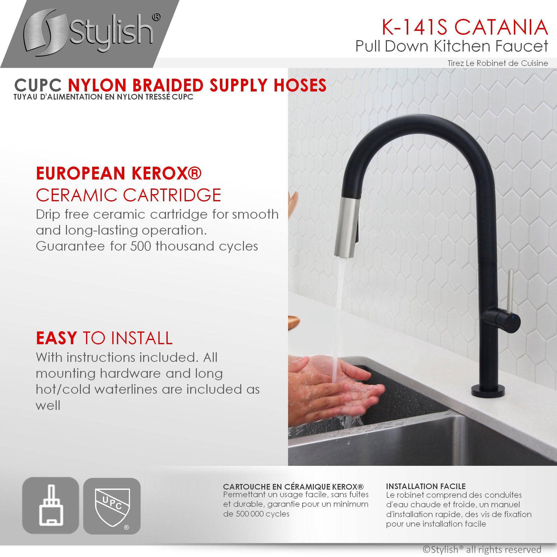 Stylish Catania 17.25" Kitchen Faucet Single Handle Pull Down Dual Mode Lead Free Matte Black with Silver Head and Handle Finish K-141NS - Renoz