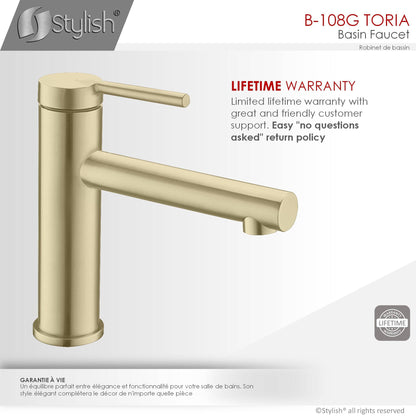 Stylish Toria 6" Single Handle Basin Bathroom Faucet in Brushed Gold Finish B-108G - Renoz