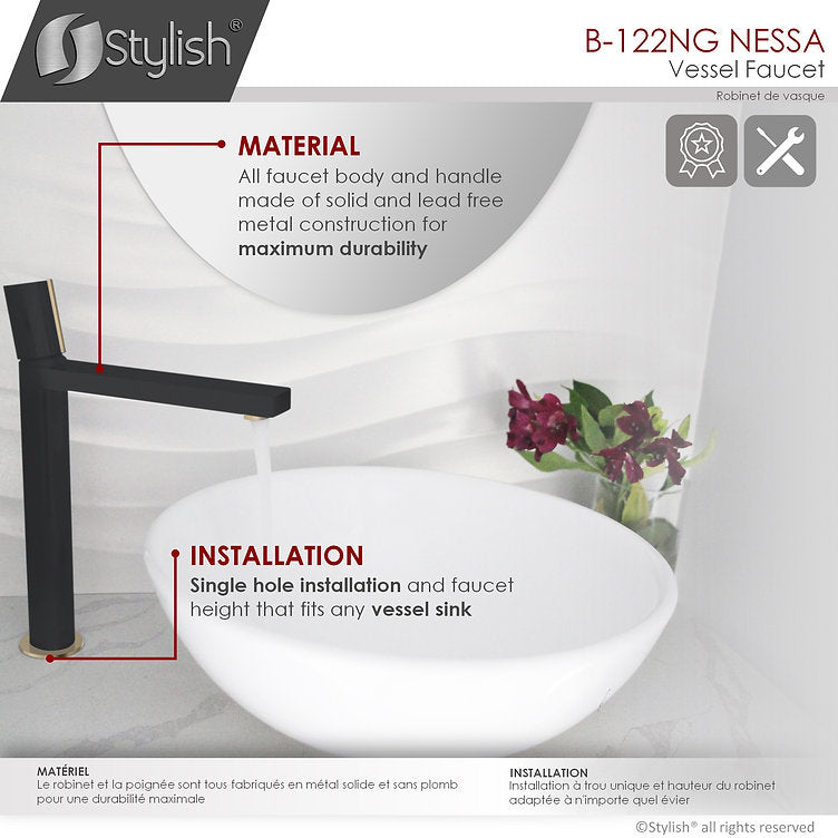 Stylish Nessa 12.5" Bathroom Vessel Faucet Single Handle Matte Black with Gold Finish B-122NG