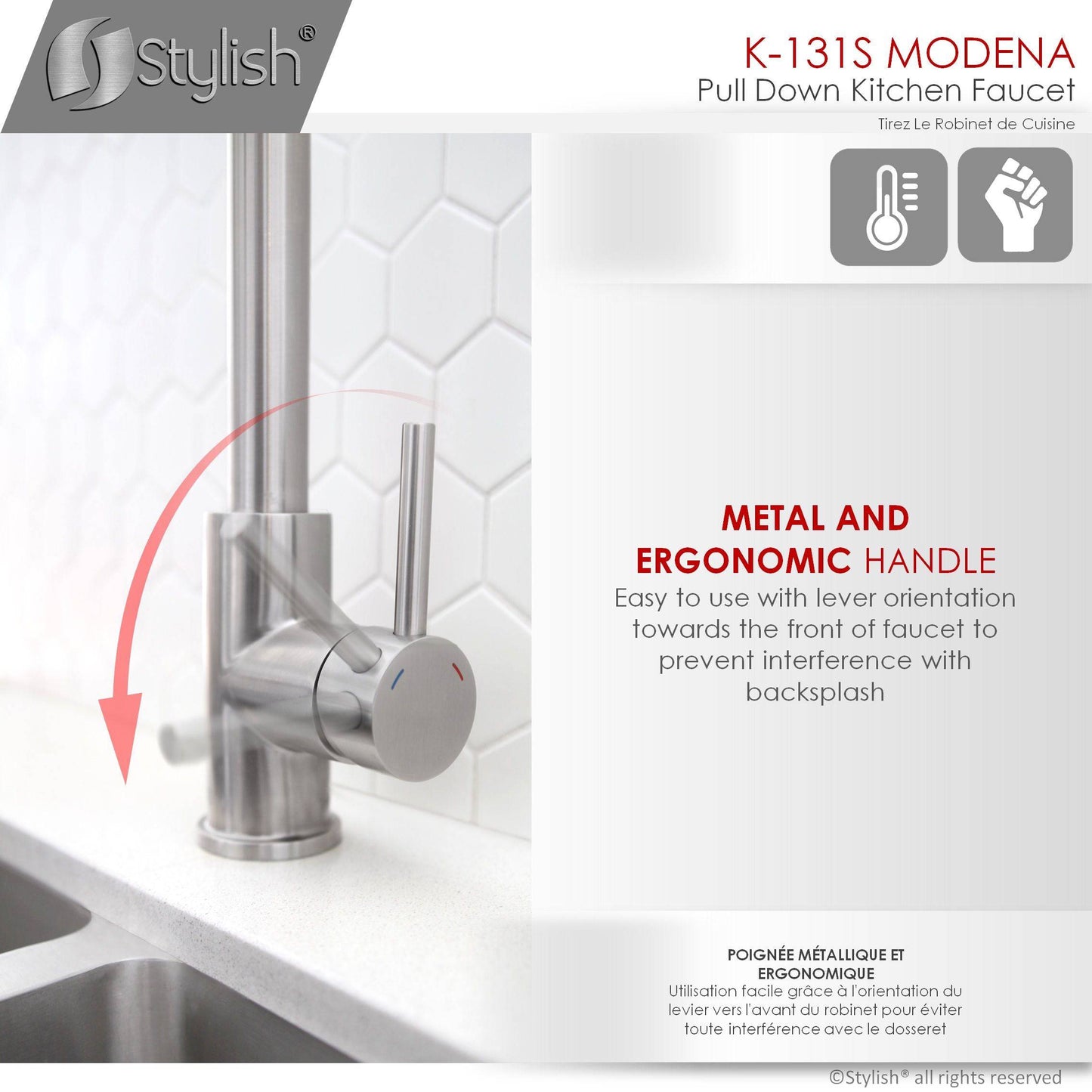 Stylish Modena 14" Kitchen Faucet Single Handle Pull Down Dual Mode Stainless Steel Brushed Finish K-131S - Renoz