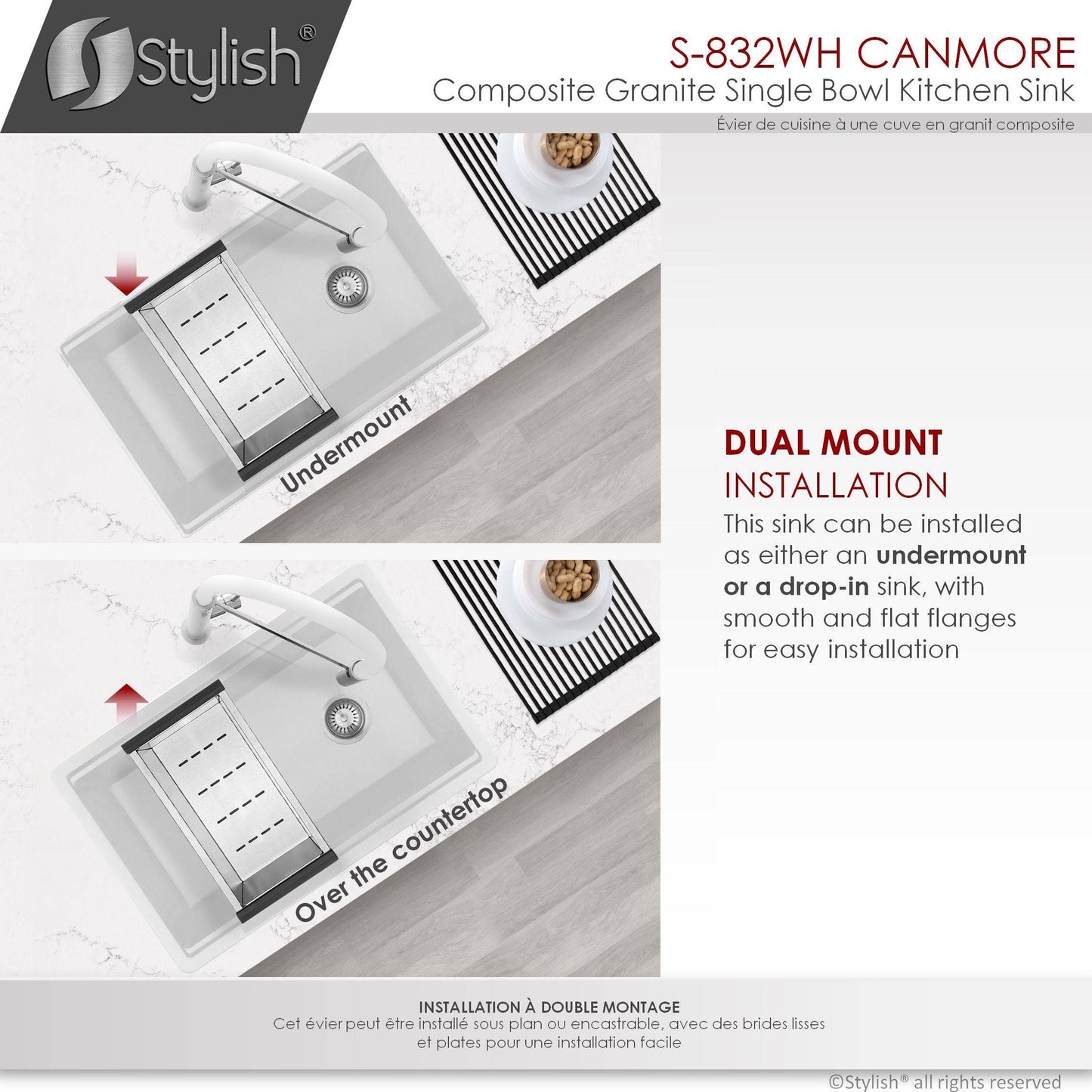 Stylish Canmore 32" x 18" Dual Mount Workstation Single Bowl White Composite Granite Kitchen Sink with Built in Accessories - Renoz