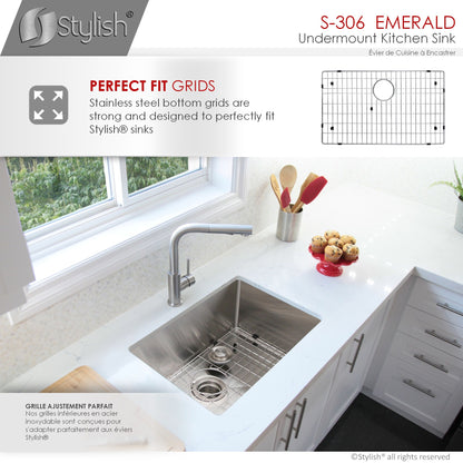 Stylish EMERALD 28" x 18" Single Bowl Kitchen Sink, 16 Gauge Stainless Steel with Grid and Basket Strainer, S-306XG