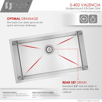 Stylish Valencia 31.13" x 18" Single Bowl Undermount Stainless Steel Kitchen Sink S-402G - Renoz