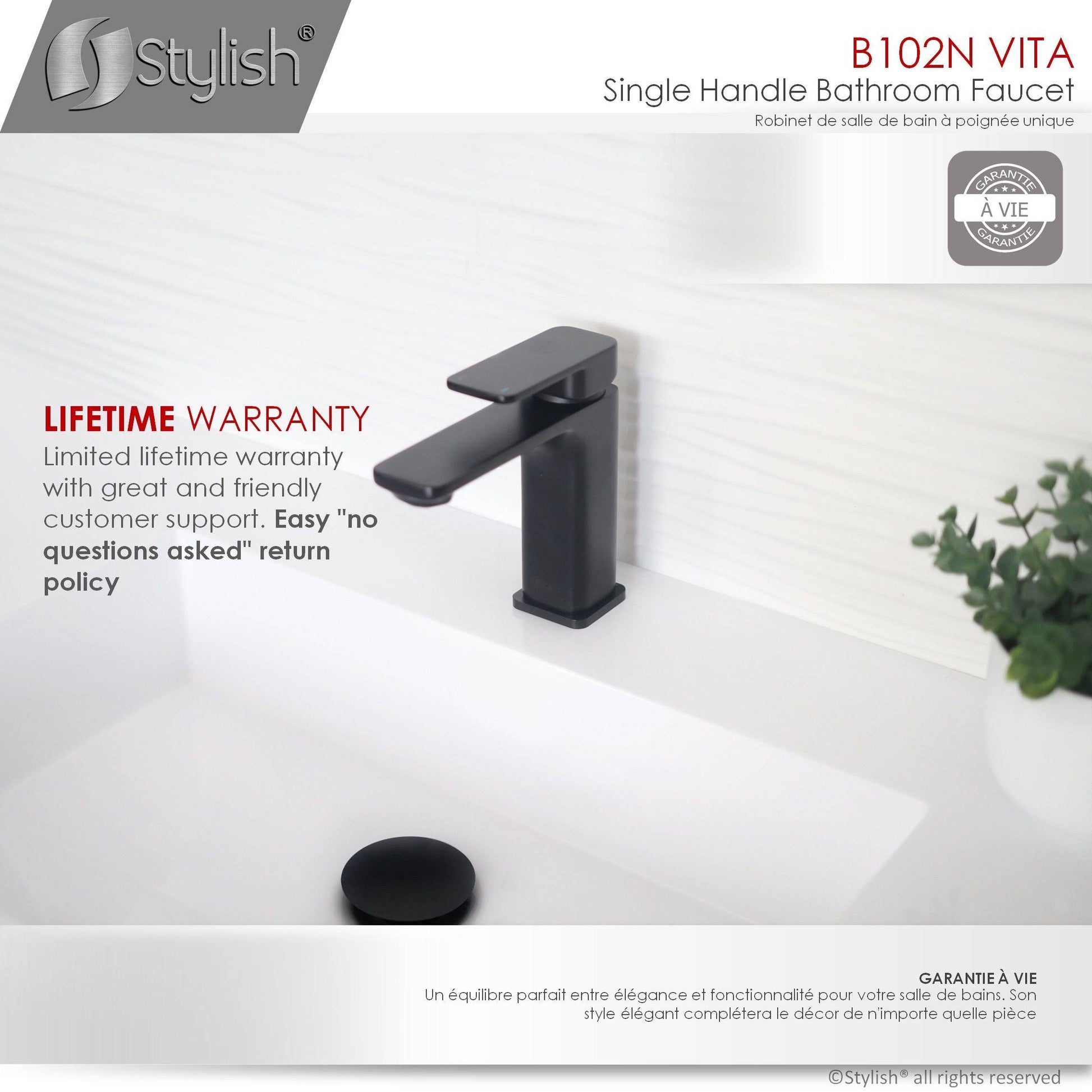 Stylish Vita Single Handle 6" Bathroom Faucet for Single Hole Brass Basin Mixer Tap, Matte Black Finish B-102N - Renoz