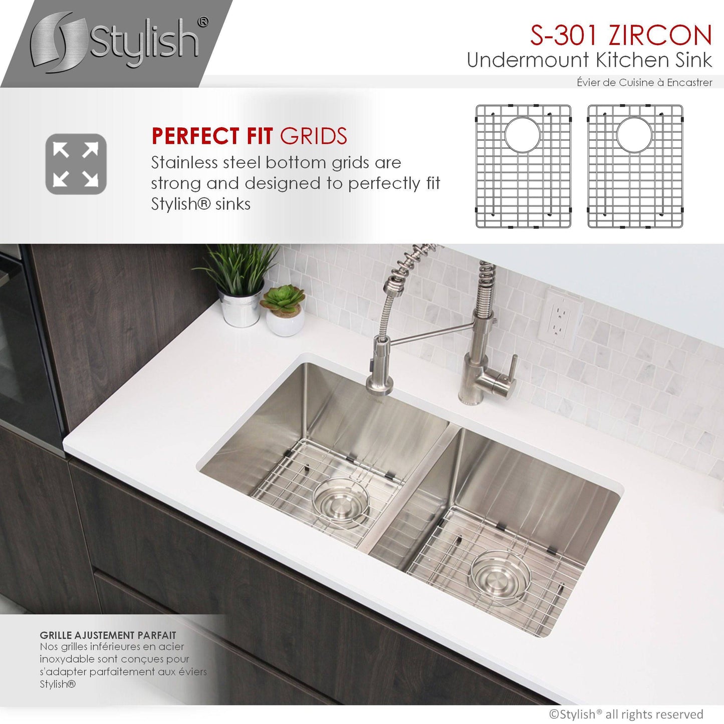 Stylish Zircon 32" x 18" Double Bowl Undermount Stainless Steel Kitchen Sink S-301XG - Renoz