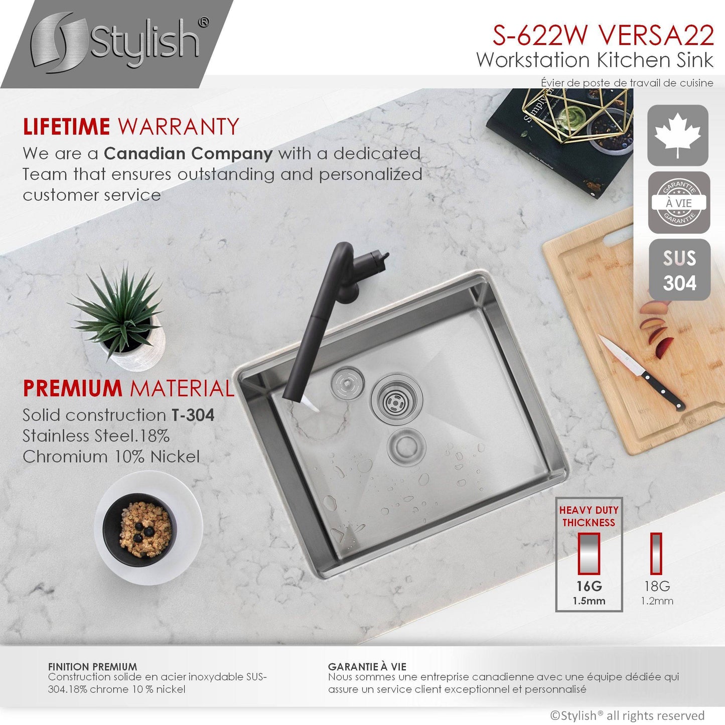 Stylish Versa22 22" x 19" Workstation Single Bowl Undermount 16 Gauge Stainless Steel Kitchen Sink with Built in Accessories S-622W - Renoz