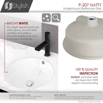 Stylish Natty 16" x 16" Round Undermount Ceramic Bathroom Sink with 2 Overflow Finishes P-207 - Renoz