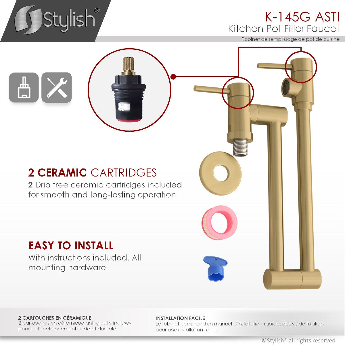 Stylish ASTI Stainless Steel Wall Mount Pot Filler Folding Stretchable with Single Hole Two Handles - Brushed Gold Finish K-145G