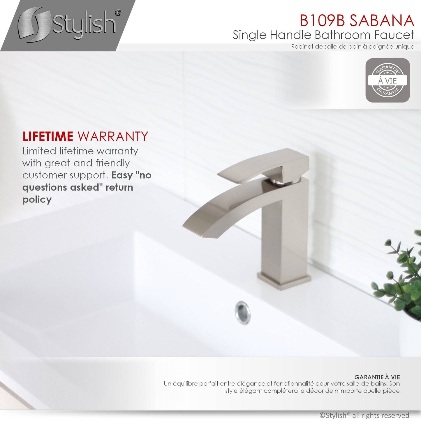 Stylish Sabana 7" Single Handle Bathroom Faucet for Single Hole Brass Basin Mixer Tap, Brushed Nickel Finish B-109B - Renoz