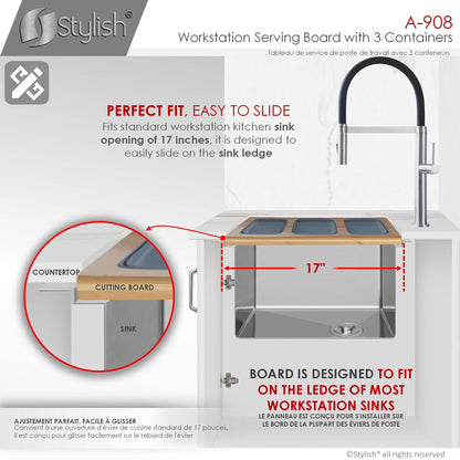 Stylish 18" Over The Sink Serving Board With 3 Containers A-910 - Renoz