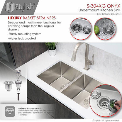 Stylish Onyx 30" x 18" Double Bowl Undermount Stainless Steel Kitchen Sink S-304XG - Renoz