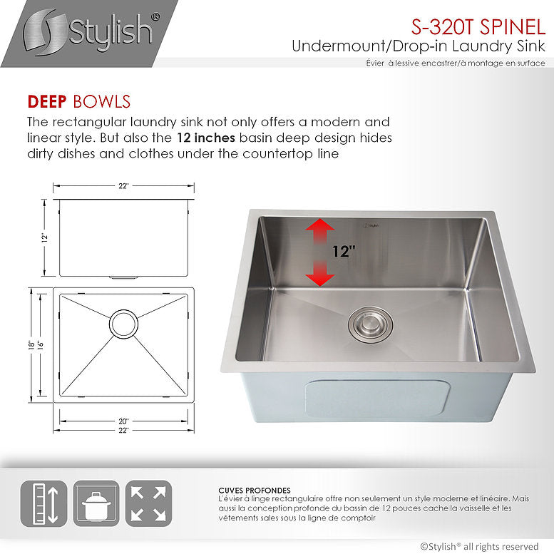 Stylish Spinel 22" x 18" Stainless Steel Single Bowl Undermount Laundry Sink S-320T - Renoz