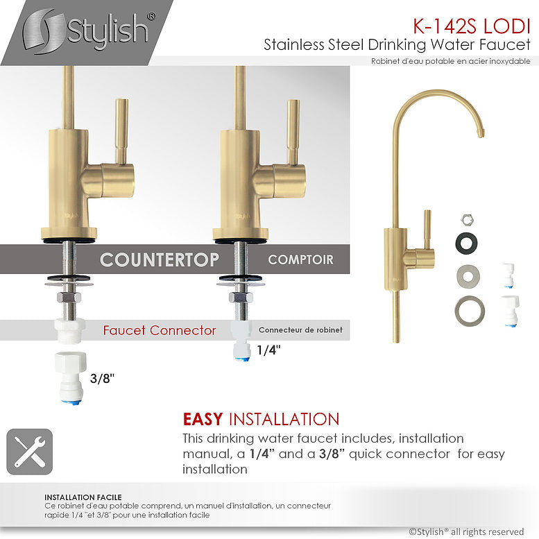 Stylish Lodi 11.25" Kitchen Drinking Water Tap Faucet, Stainless Steel Brushed Gold Finish K-142G - Renoz