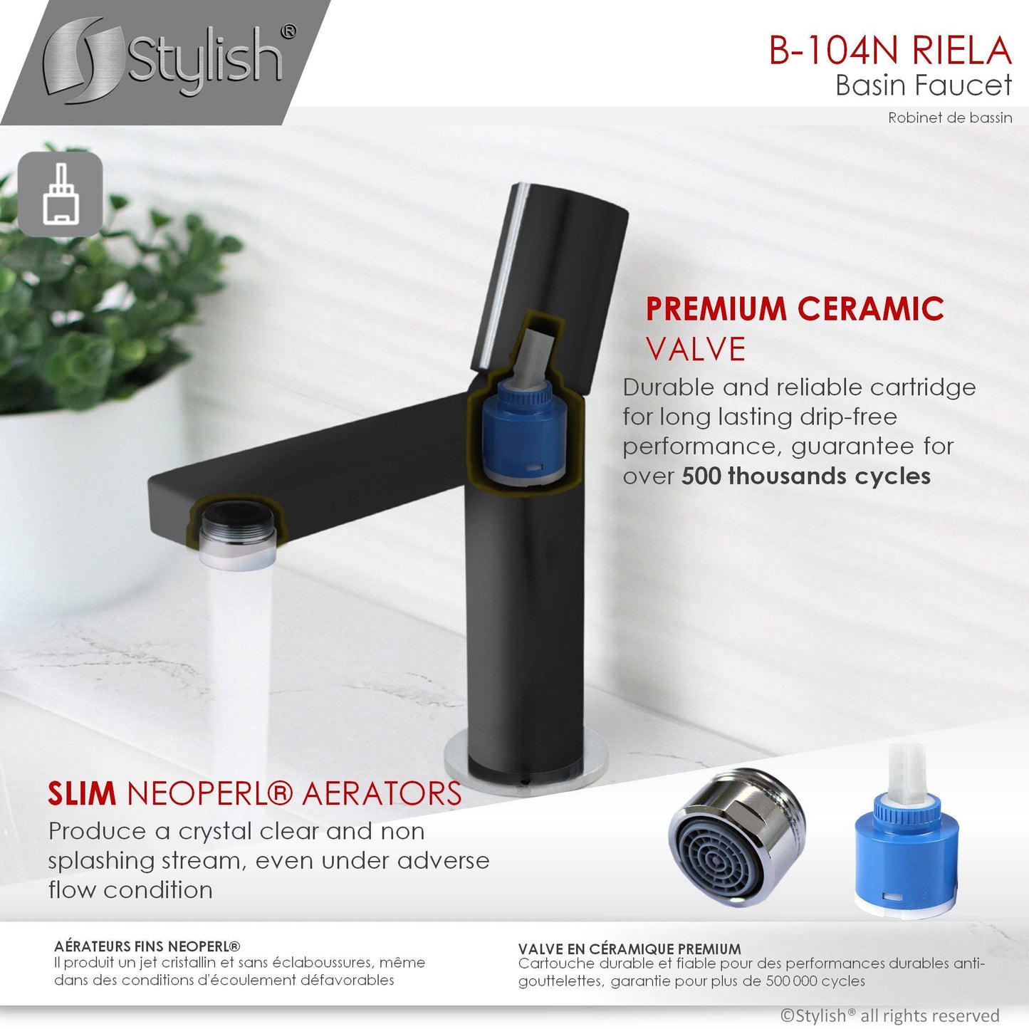 Stylish Riela 7" Single Handle Modern Bathroom Basin Faucet in Matte Black with Chrome accents Finish B-104N - Renoz