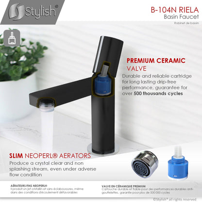 Stylish Riela 7" Single Handle Modern Bathroom Basin Faucet in Matte Black with Chrome accents Finish B-104N - Renoz