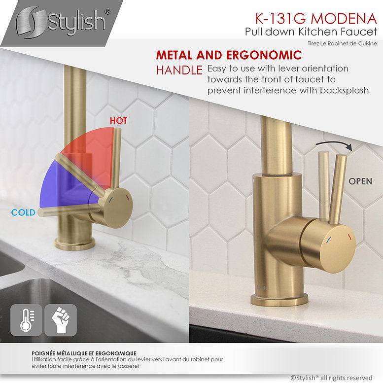 Stylish Modena 14" Kitchen Faucet Single Handle Pull Down Dual Mode Stainless Steel Gold Finish K-131G - Renoz