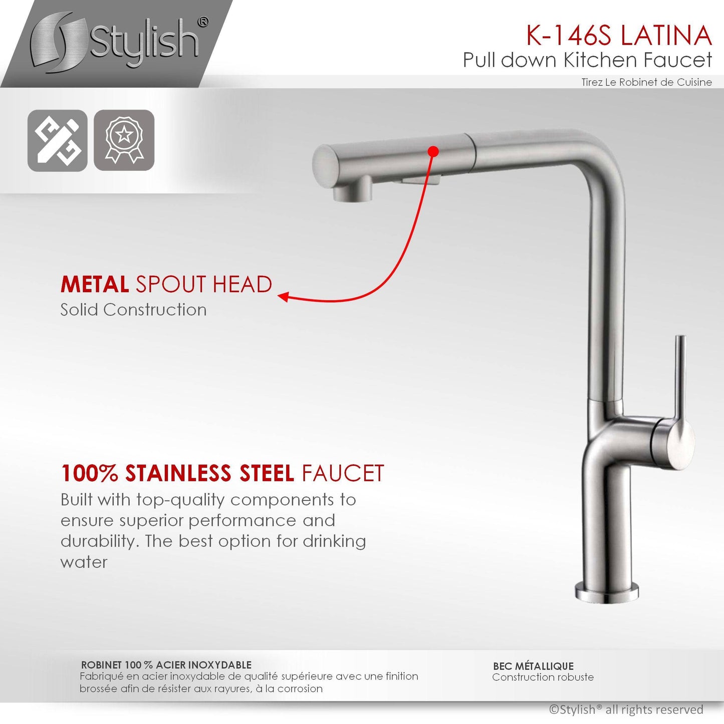 Stylish Latina 13" Kitchen Faucet Single Handle Pull Down Dual Mode Stainless Steel Brushed Finish K-146S - Renoz