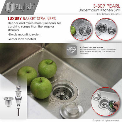 Stylish Pearl 16" x 18" Single Bowl Undermount Stainless Steel Kitchen Bar Sink S-309XG - Renoz