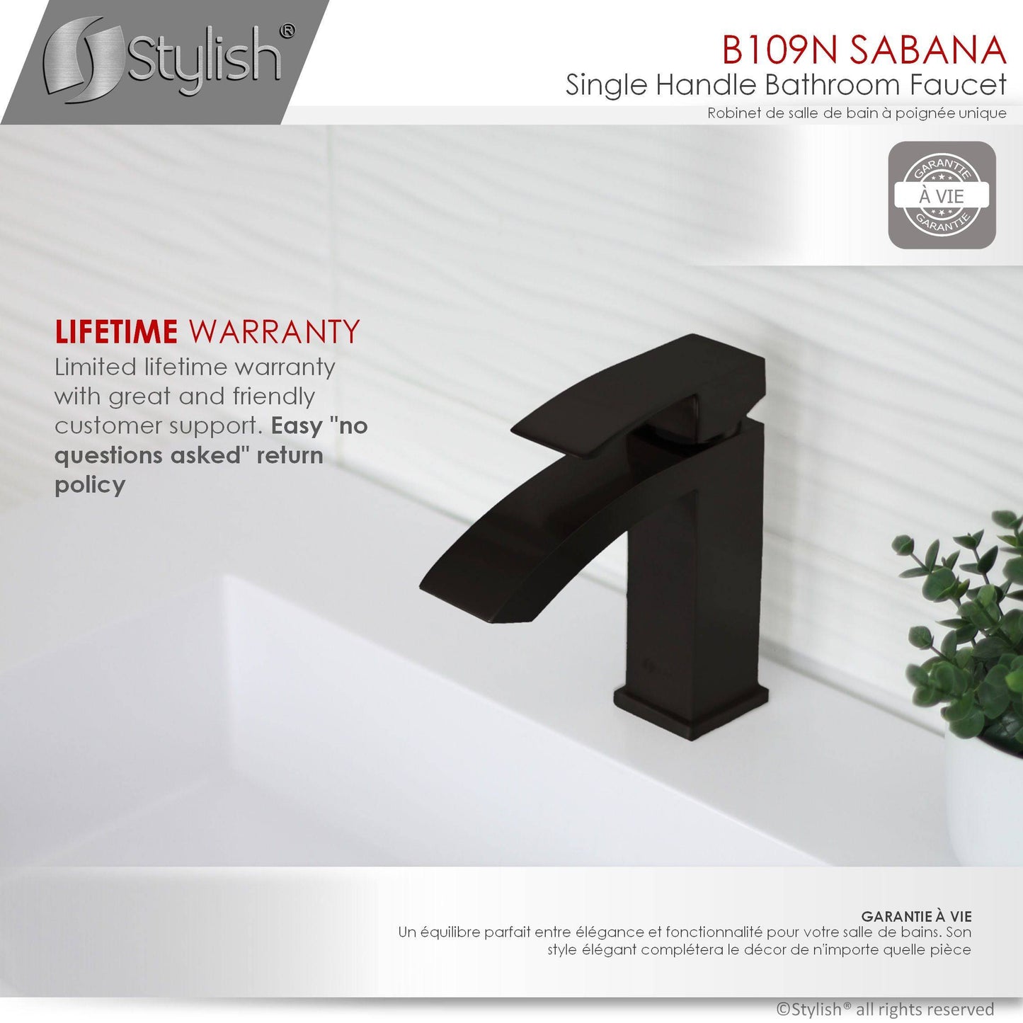 Stylish Sabana Single Handle 7" Bathroom Faucet for Single Hole Brass Basin Mixer Tap, Matte Black Finish B-109N - Renoz