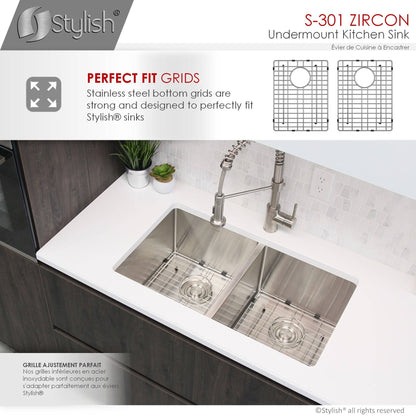 Stylish Zircon 32" x 18" Double Bowl Undermount Stainless Steel Kitchen Sink S-301G - Renoz