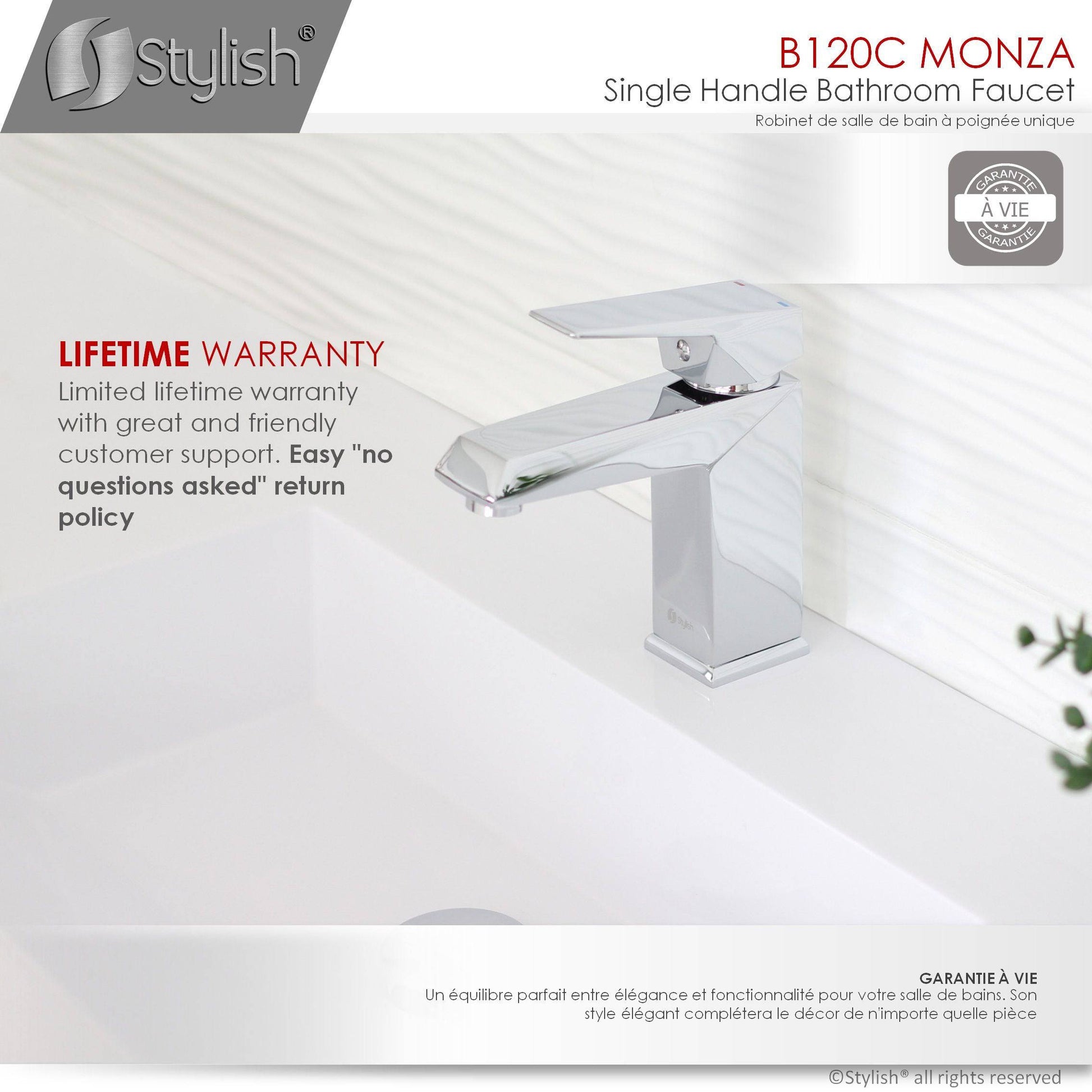 Stylish Monza Single Handle 6.5" Bathroom Faucet for Single Hole Brass Basin Mixer Tap, Polished Chrome Finish B-120C - Renoz