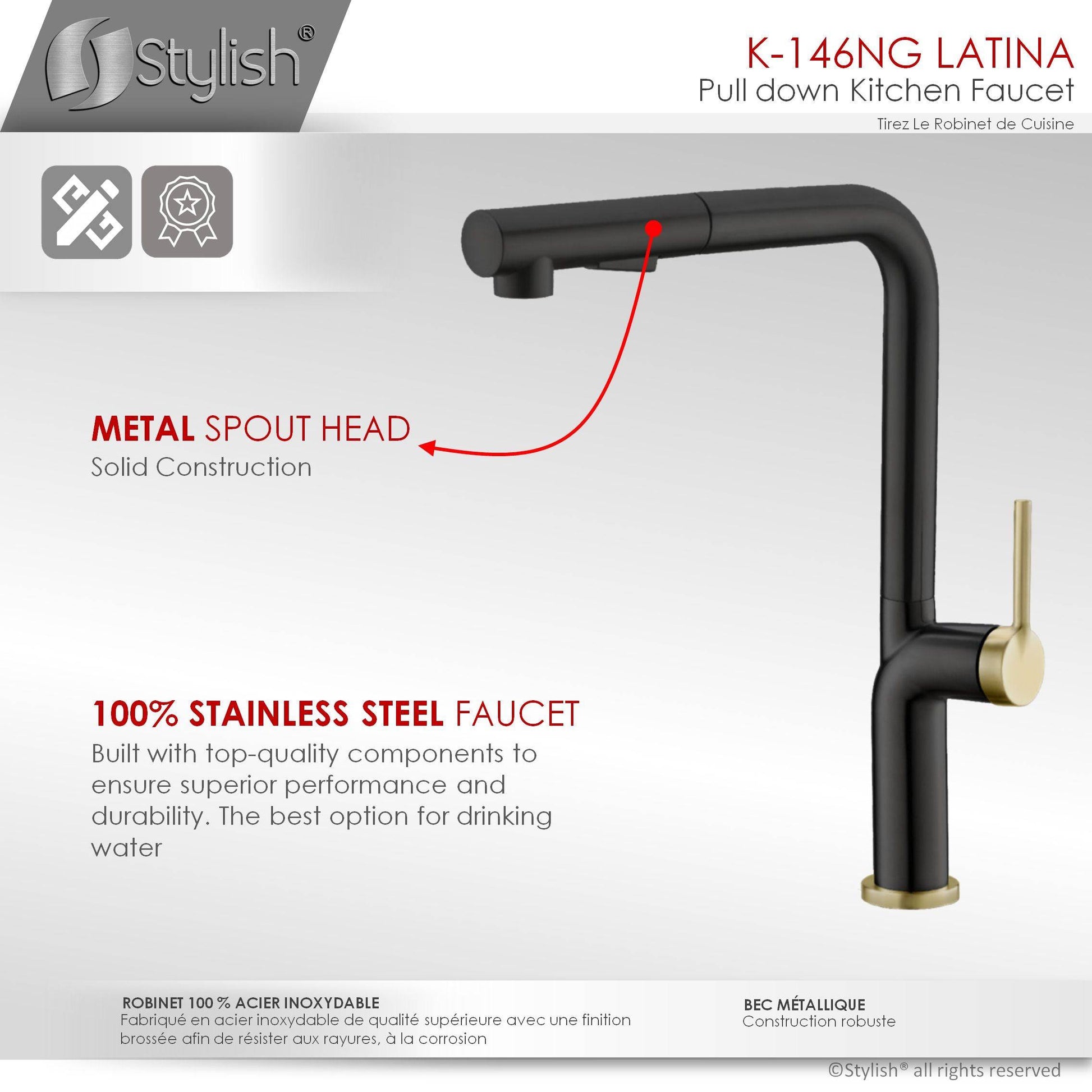 Stylish Latina 13" Kitchen Faucet Single Handle Pull Down Dual Mode Stainless Steel Matte Black with Gold Base and Handle Finish K-146NG - Renoz