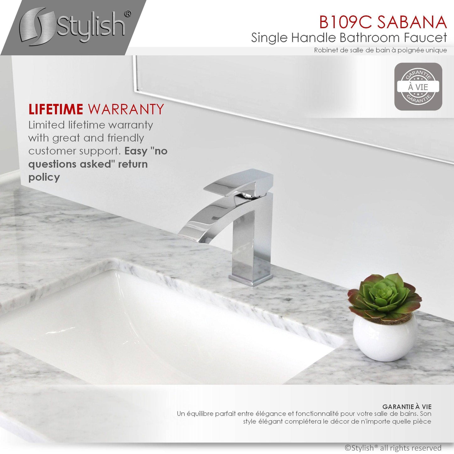 Stylish Sabana Single Handle 7" Bathroom Faucet for Single Hole Brass Basin Mixer Tap, Polished Chrome Finish B-109C - Renoz