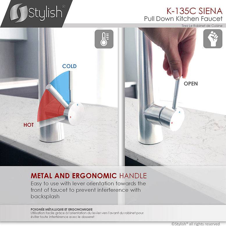 Stylish Siena Kitchen Faucet Single Handle Pull Down Dual Mode Stainless Steel Polished Chrome Finish K-135C - Renoz