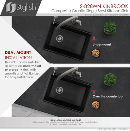 Stylish Kinbrook 28" x 18" Dual Mount Workstation Single Bowl Black Composite Granite Kitchen Sink with Built in Accessories - Renoz