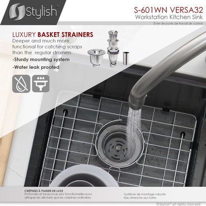 Stylish VERSA 32 32" x 19" Graphite Black Workstation Double Bowl Undermount 16 Gauge Stainless Steel Kitchen Sink with Built in Accessories, S-601WN