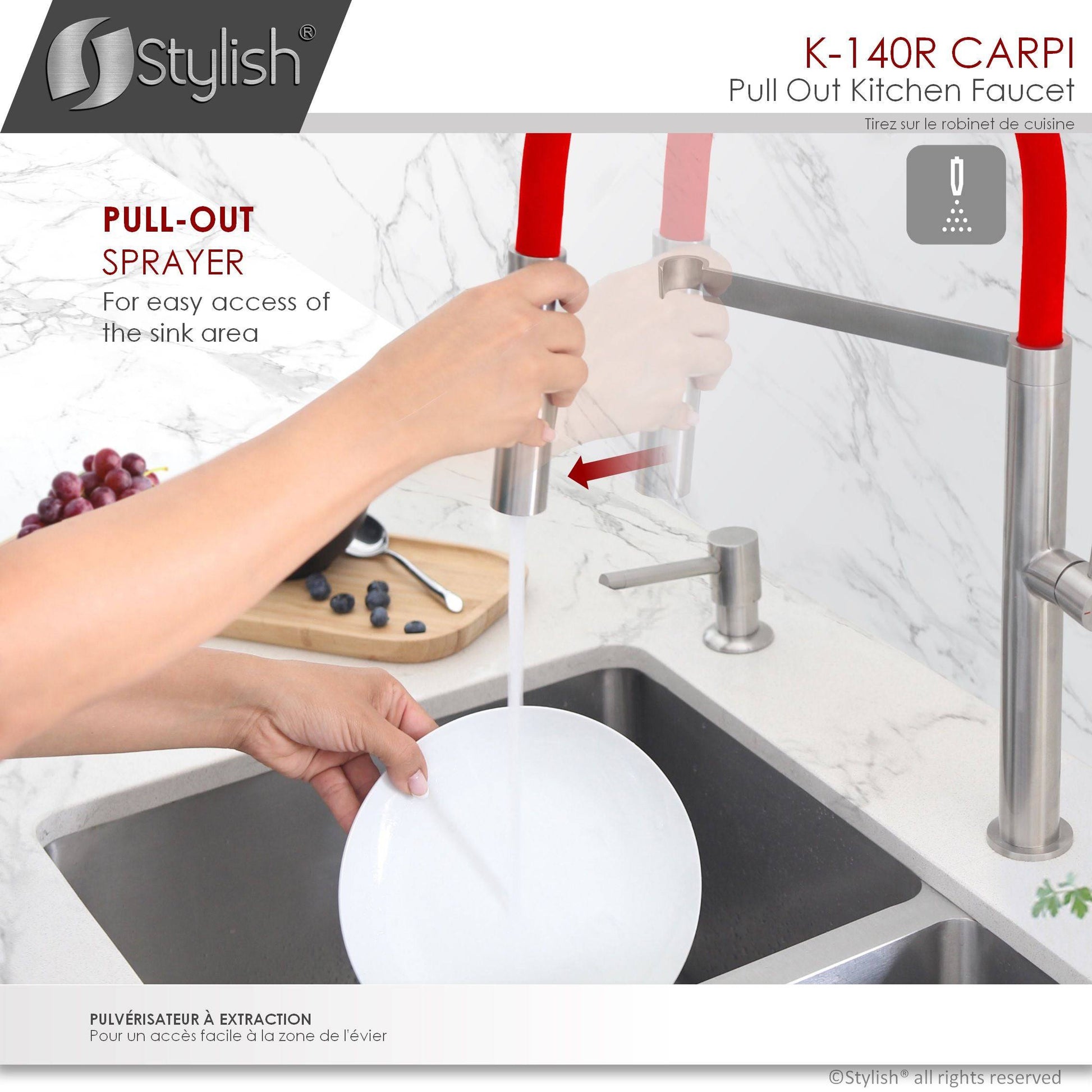 Stylish Carpi 20" Stainless Steel Single Handle Pull Out Dual Mode Kitchen Faucet with Red Spout Hose K-140R - Renoz