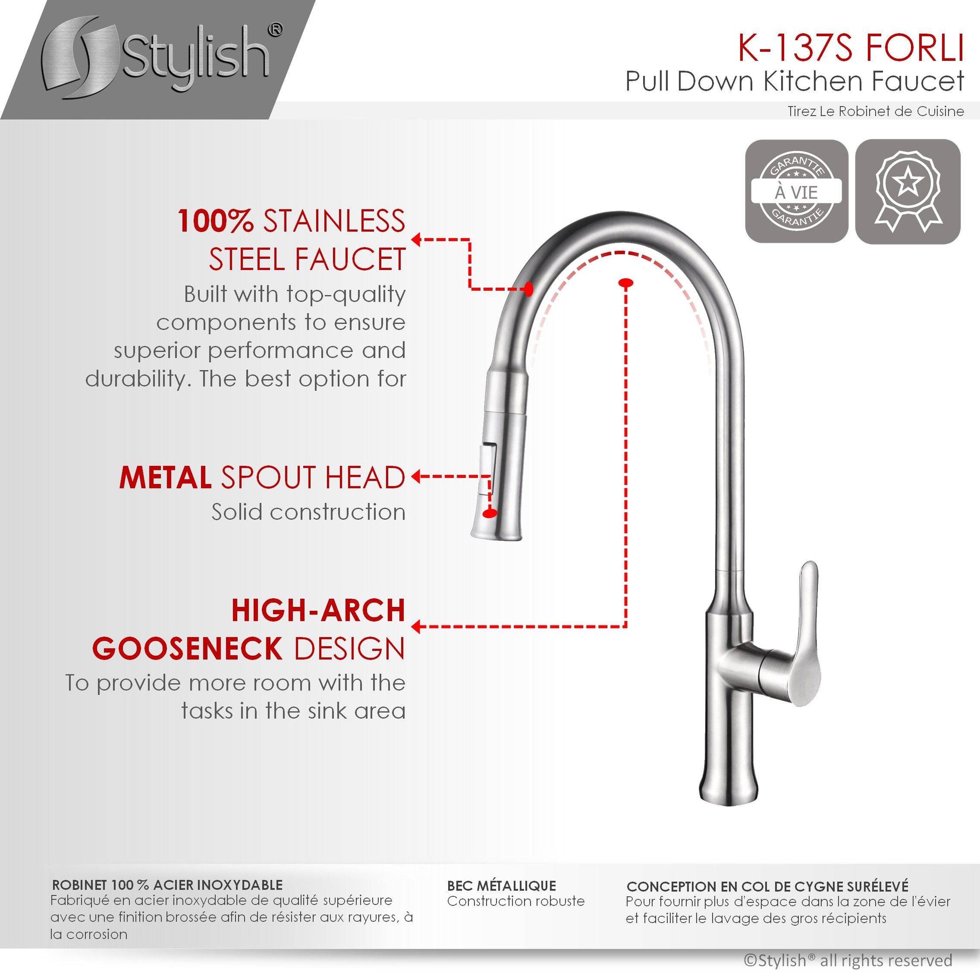 Stylish Forli 18.5" Kitchen Faucet Single Handle Pull Down Dual Mode Stainless Steel Brushed Finish K-137S - Renoz