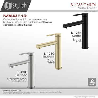 Élégant robinet de vasque de salle de bains Carol 11,62 po, poignée unique, finition en acier inoxydable brossé B-123S 