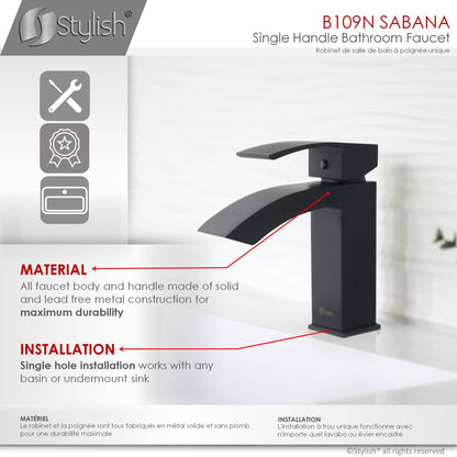 Stylish Sabana Single Handle 7" Bathroom Faucet for Single Hole Brass Basin Mixer Tap, Matte Black Finish B-109N - Renoz