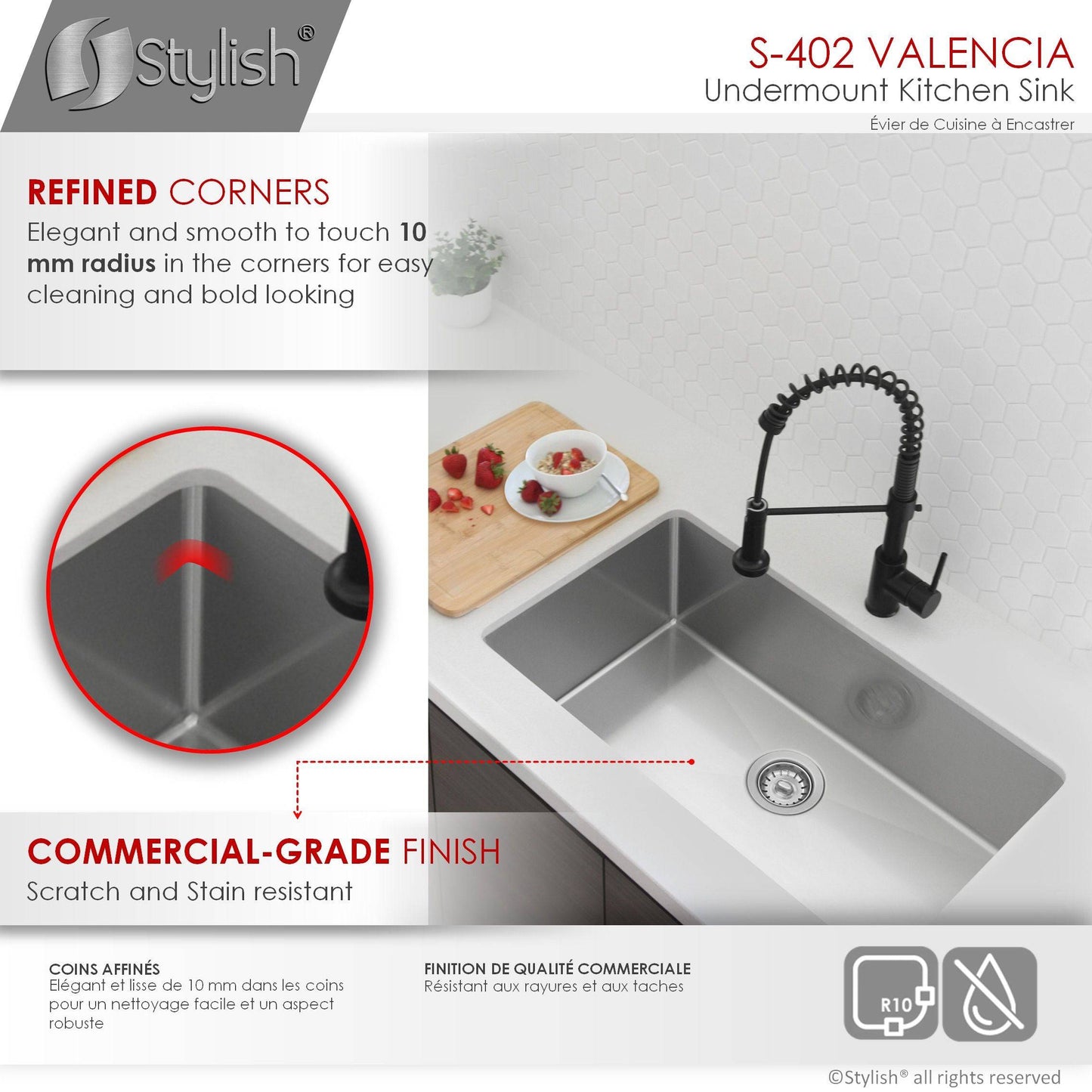 Stylish Valencia 31.13" x 18" Single Bowl Undermount Stainless Steel Kitchen Sink S-402G - Renoz