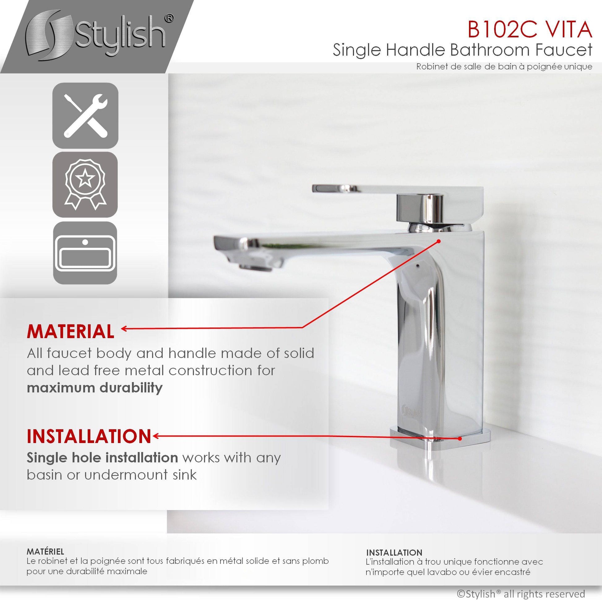 Stylish Vita Single Handle 6" Bathroom Faucet for Single Hole Brass Basin Mixer Tap, Polished Chrome Finish B-102C - Renoz